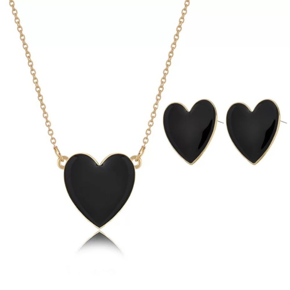 Necklace women Stainless Steel Gold Black Heart Pendant Necklace Earrings Set